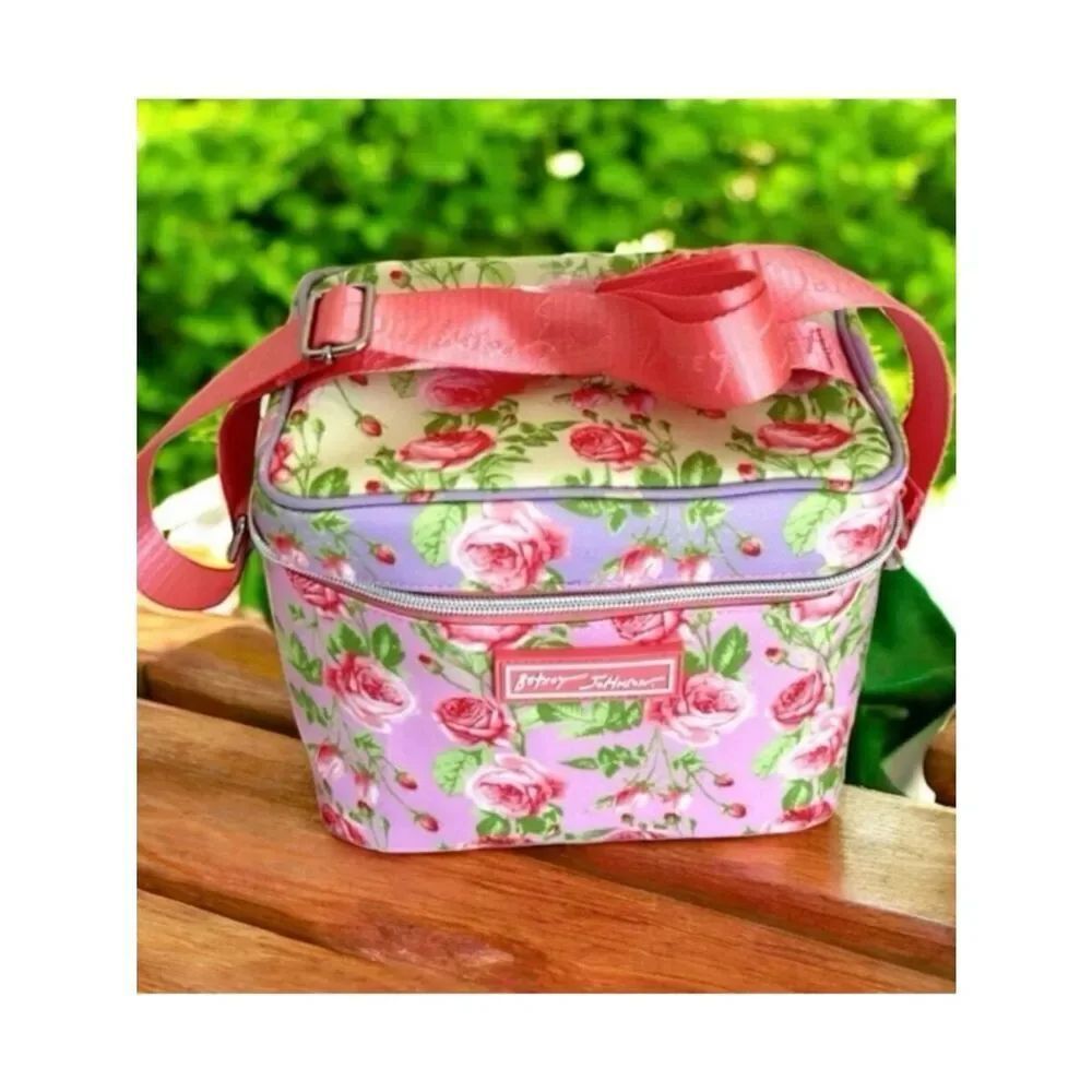 NWT Betsey Johnson Floral Pink Purple Insulated Tote Crossbody Hand Lunch Bag